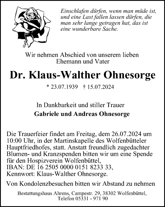 Traueranzeige von Klaus-Walther Ohnesorge von Wolfenbütteler Zeitung