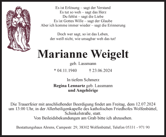 Traueranzeige von Marianne Weigelt von Wolfenbütteler Zeitung