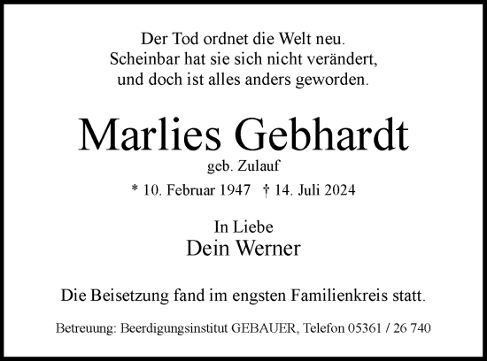 Traueranzeige von Marlies Gebhardt von Wolfsburger Nachrichten