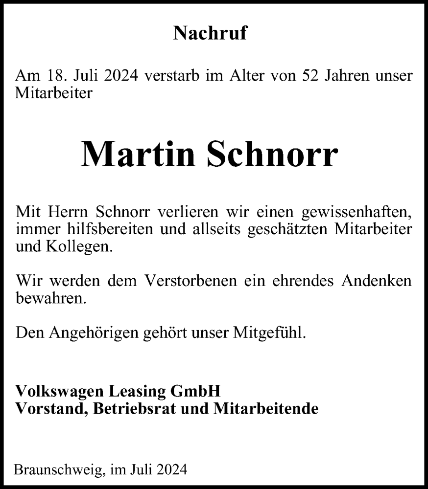  Traueranzeige für Martin Schnorr vom 25.07.2024 aus Braunschweiger Zeitung