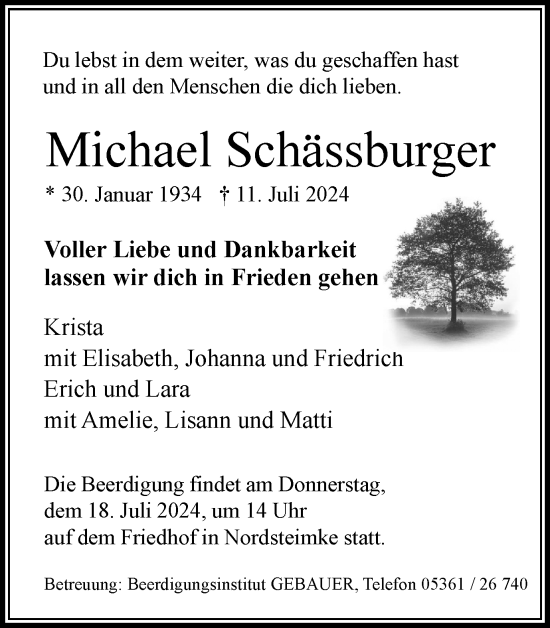 Traueranzeige von Michael Schässburger von Wolfsburger Nachrichten
