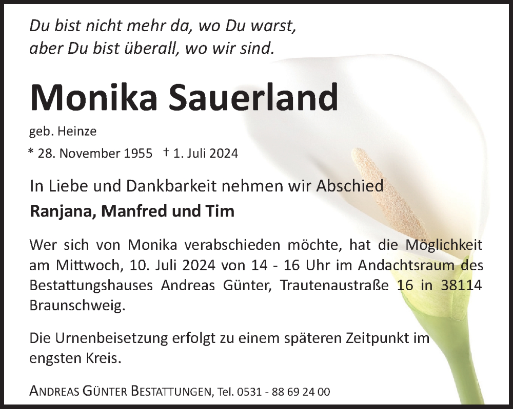  Traueranzeige für Monika Sauerland vom 06.07.2024 aus Braunschweiger Zeitung