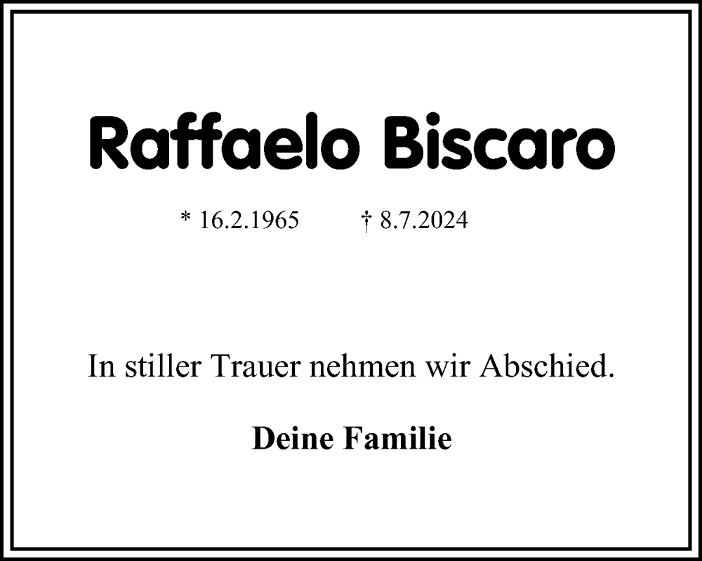  Traueranzeige für Raffaelo Biscaro vom 27.07.2024 aus Braunschweiger Zeitung