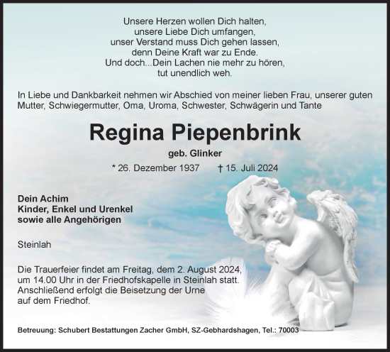 Traueranzeige von Regina Piepenbrink von Salzgitter-Zeitung