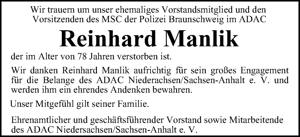  Traueranzeige für Reinhard Manlik vom 13.07.2024 aus Braunschweiger Zeitung