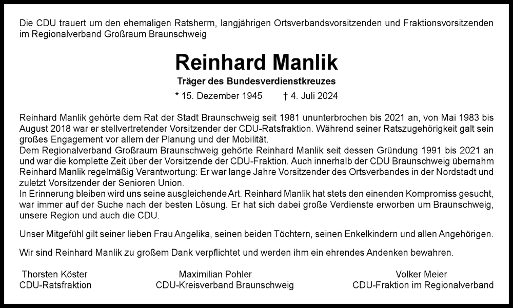  Traueranzeige für Reinhard Manlik vom 13.07.2024 aus Braunschweiger Zeitung