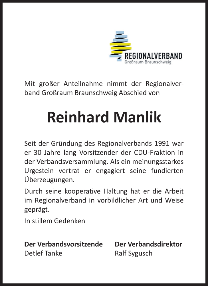  Traueranzeige für Reinhard Manlik vom 13.07.2024 aus Braunschweiger Zeitung