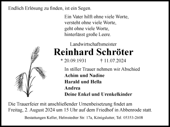 Traueranzeige von Reinhard Schröter von Braunschweiger Zeitung