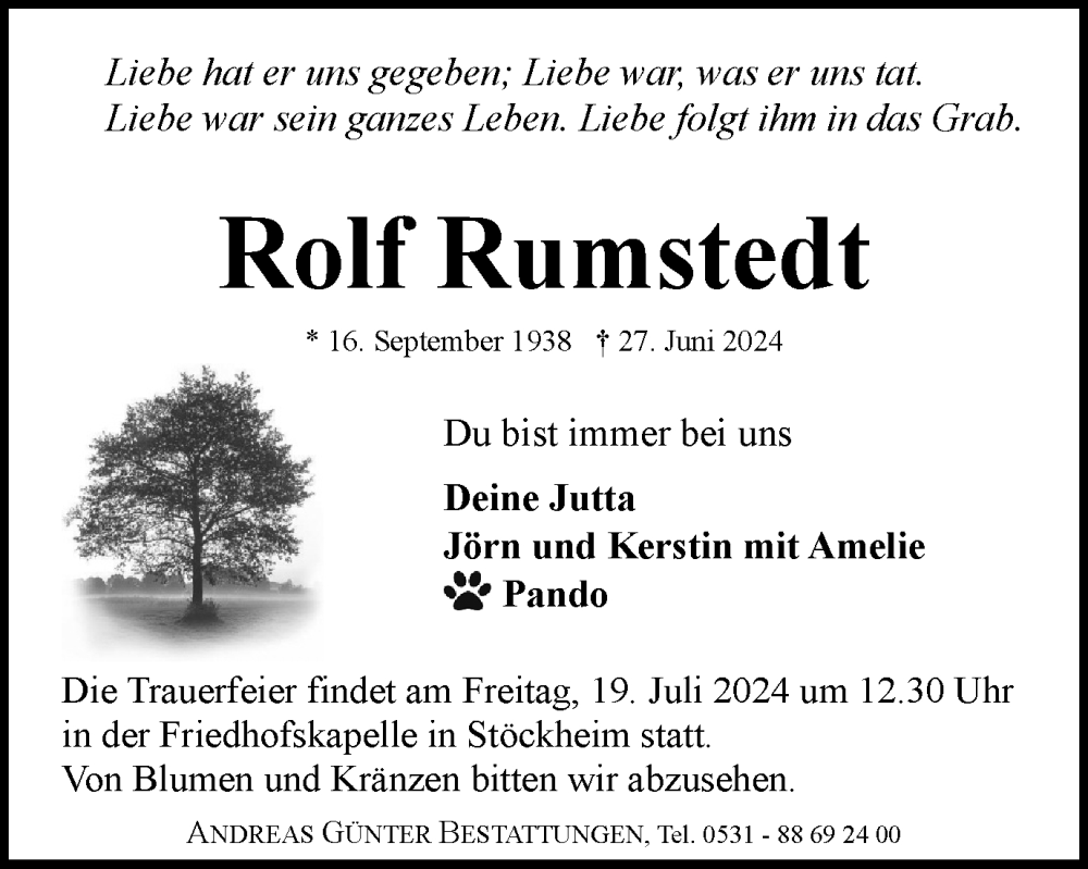  Traueranzeige für Rolf Rumstedt vom 06.07.2024 aus Braunschweiger Zeitung