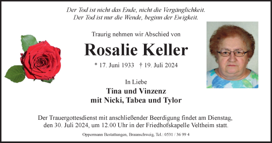 Traueranzeige von Rosalie Keller von Wolfenbütteler Zeitung