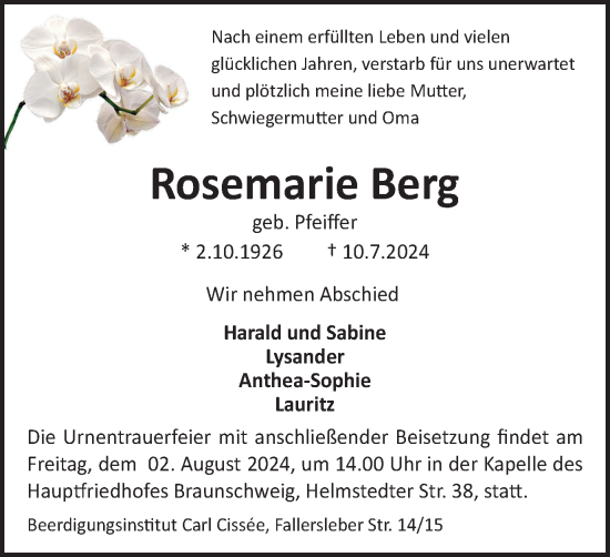 Traueranzeige von Rosemarie Berg von Braunschweiger Zeitung