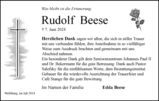 Traueranzeige von Rudolf Beese von Wolfsburger Nachrichten