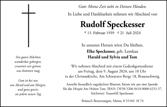 Traueranzeige von Rudolf Speckesser von Braunschweiger Zeitung