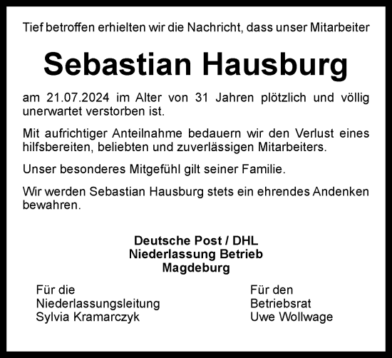 Traueranzeige von Sebastian Hausburg von Wolfsburger Nachrichten