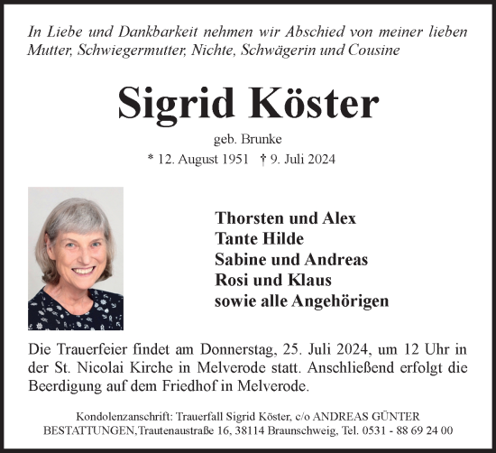 Traueranzeige von Sigrid Köster von Braunschweiger Zeitung
