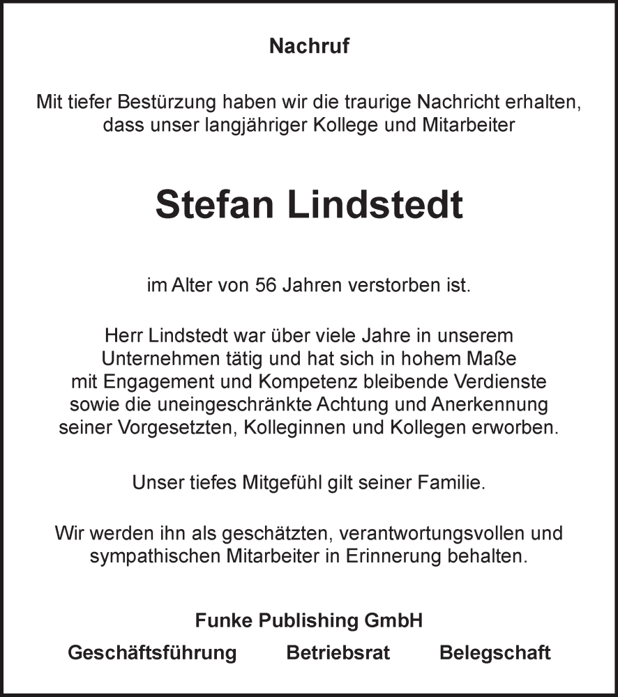  Traueranzeige für Stefan Lindstedt vom 27.07.2024 aus Braunschweiger Zeitung