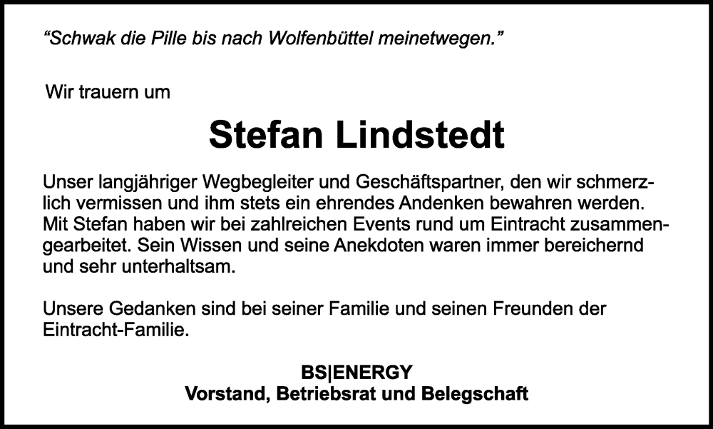  Traueranzeige für Stefan Lindstedt vom 27.07.2024 aus Braunschweiger Zeitung