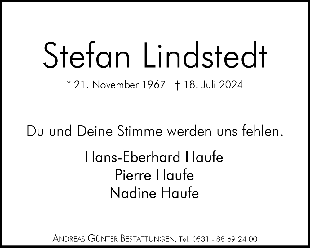  Traueranzeige für Stefan Lindstedt vom 27.07.2024 aus Braunschweiger Zeitung