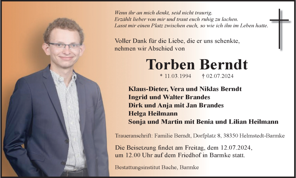  Traueranzeige für Torben Berndt vom 10.07.2024 aus Braunschweiger Zeitung