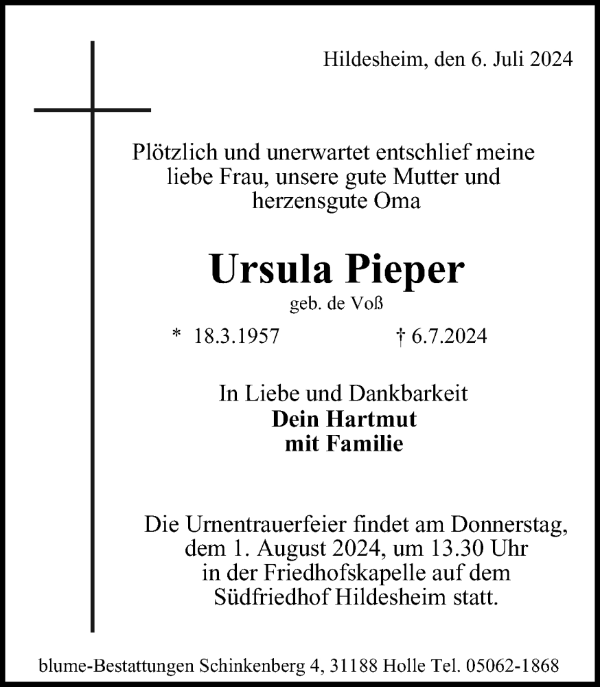  Traueranzeige für Ursula Pieper vom 30.07.2024 aus Peiner Nachrichten