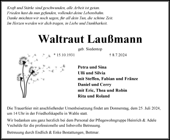 Traueranzeige von Waltraut Laußmann von Peiner Nachrichten