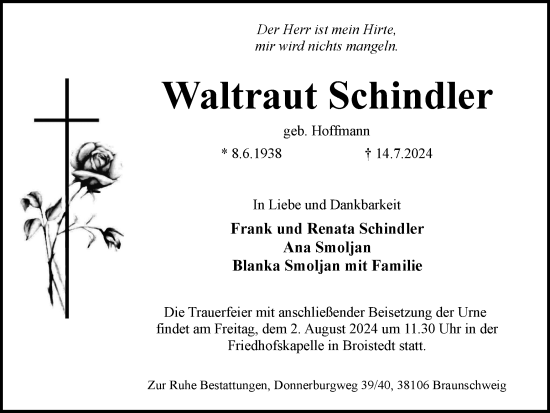 Traueranzeige von Waltraut Schindler von Braunschweiger Zeitung
