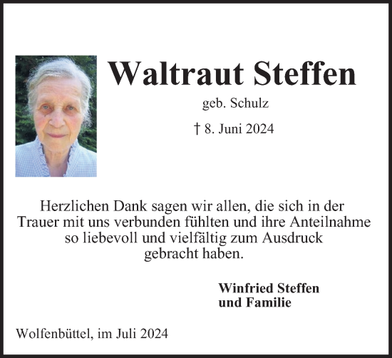 Traueranzeige von Waltraut Steffen von Wolfenbütteler Zeitung