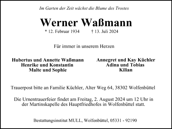 Traueranzeige von Werner Waßmann von Braunschweiger Zeitung