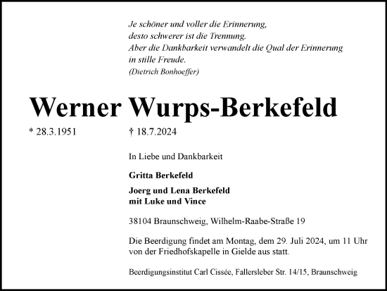 Traueranzeige von Werner Wurps-Berkefeld von Braunschweiger Zeitung