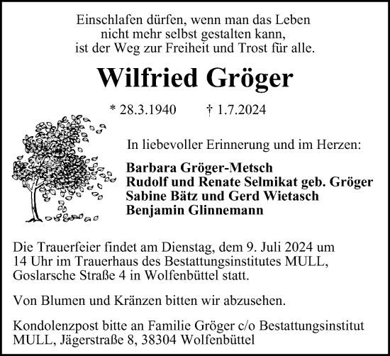 Traueranzeige von Wilfried Gröger von Braunschweiger Zeitung