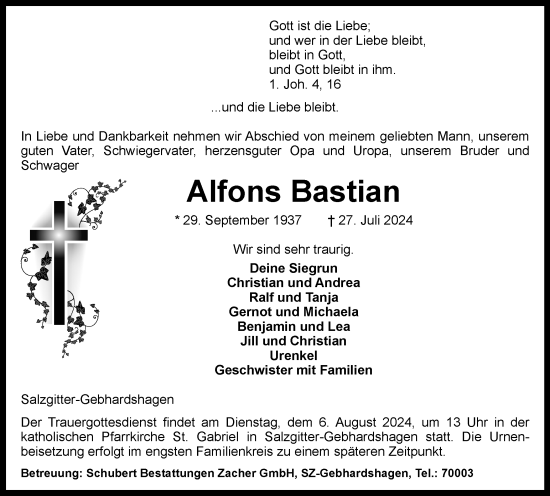 Traueranzeige von Alfons Bastian von Salzgitter-Zeitung