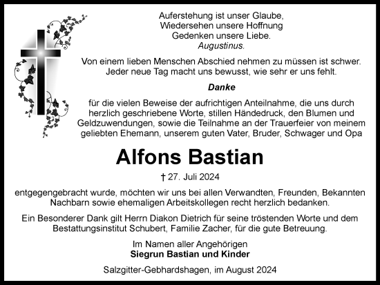 Traueranzeige von Alfons Bastian von Salzgitter-Zeitung