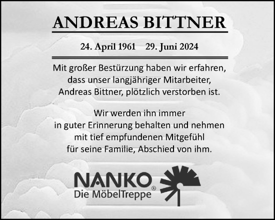 Traueranzeige von Andreas Bittner von Wolfenbütteler Zeitung