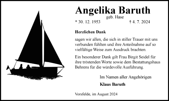 Traueranzeige von Angelika Baruth von Wolfsburger Nachrichten