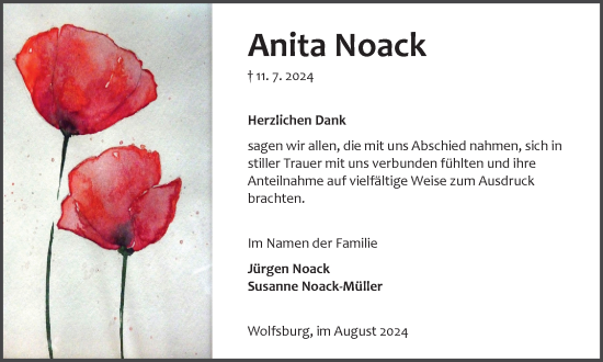 Traueranzeige von Anita Noack von Wolfsburger Nachrichten