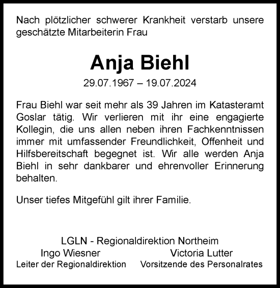 Traueranzeige von Anja Biehl von Braunschweiger Zeitung