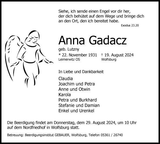 Traueranzeige von Anna Gadacz von Wolfsburger Nachrichten