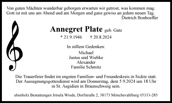 Traueranzeige von Annegret Plate von Braunschweiger Zeitung