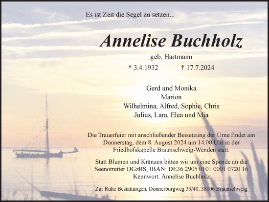 Traueranzeige von Annelise Buchholz von Braunschweiger Zeitung