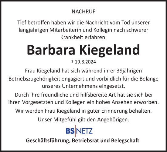 Traueranzeige von Barbara Kiegeland von Braunschweiger Zeitung