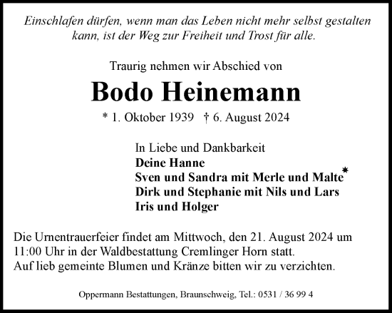 Traueranzeige von Bodo Heinemann von Braunschweiger Zeitung