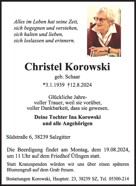 Traueranzeige von Christel Korowski von Braunschweiger Zeitung, Salzgitter-Zeitung