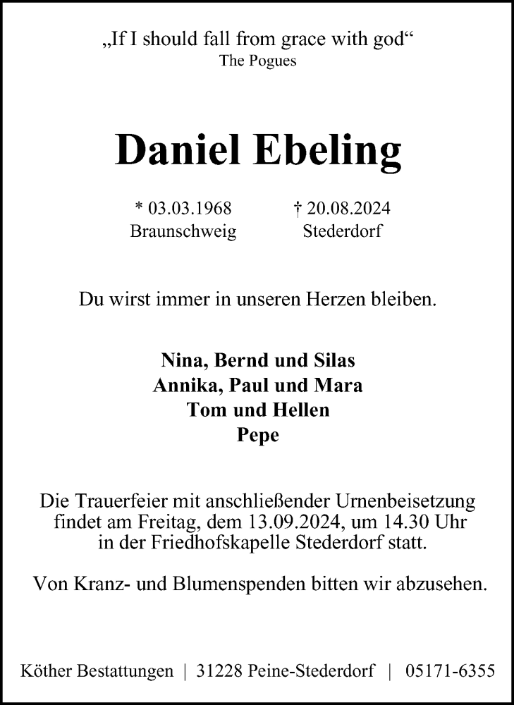  Traueranzeige für Daniel Ebeling vom 31.08.2024 aus Peiner Nachrichten