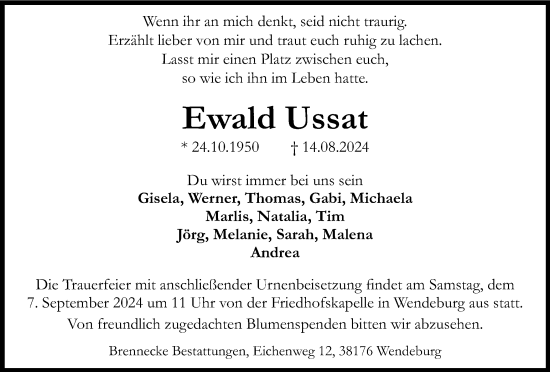 Traueranzeige von Ewald Ussat von Peiner Nachrichten