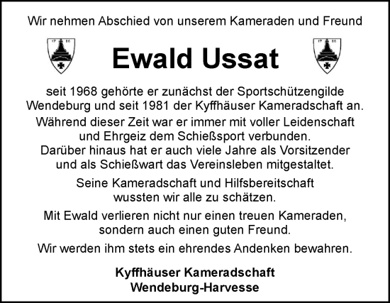 Traueranzeige von Ewald Ussat von Peiner Nachrichten