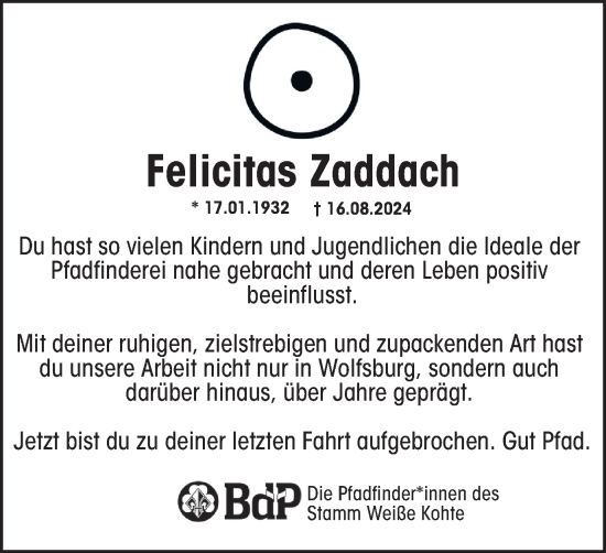 Traueranzeige von Felicitas Zaddach von Wolfsburger Nachrichten