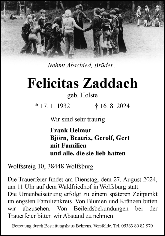 Traueranzeige von Felicitas Zaddach von Wolfsburger Nachrichten