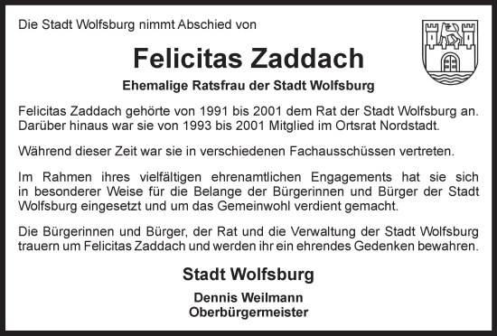 Traueranzeige von Felicitas Zaddach von Wolfsburger Nachrichten