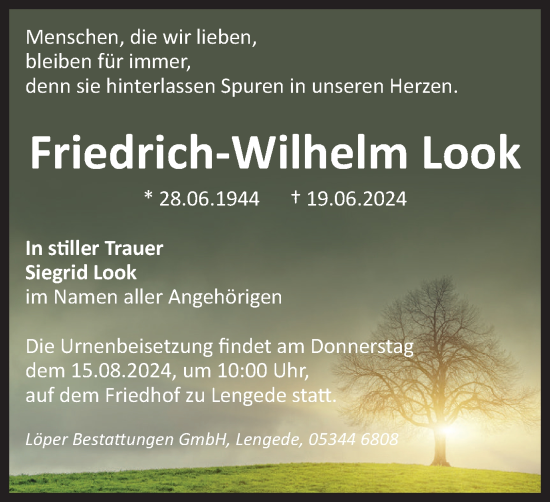 Traueranzeige von Friedrich-Wilhelm Look von Peiner Nachrichten