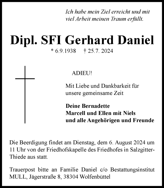 Traueranzeige von Gerhard Daniel von Braunschweiger Zeitung, Salzgitter-Zeitung